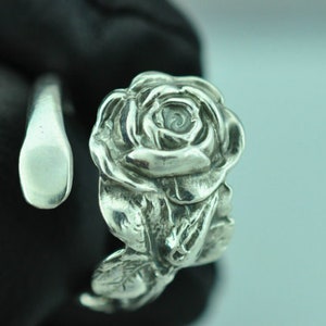 Dainty Solid 925 Sterling Silver Rose Flower Floral Adjustable Spoon Ring