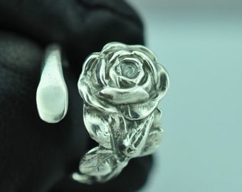 Dainty Solid 925 Sterling Silver Rose Flower Floral Adjustable Spoon Ring
