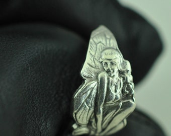 Dainty Solid 925 Sterling Silver Fairy Girl Adjustable Spoon Ring