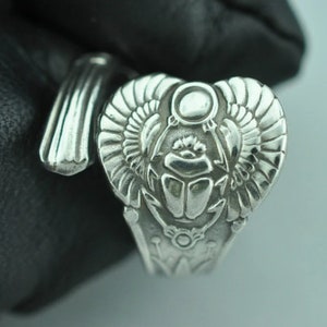 Solid 925 Sterling Silver Egypt Scarab Pharaoh Immortal Amulet Adjustable Spoon Ring