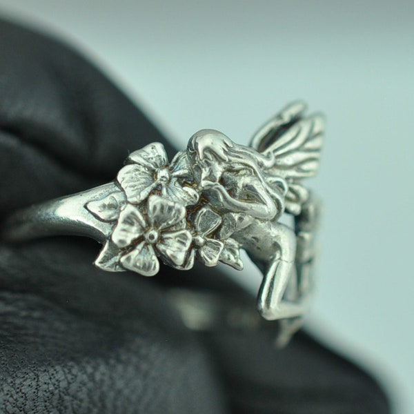 Dainty Solid 925 Sterling Silver Nude Flower Fairy Wings Ring