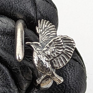 Könnte beinhalten: Ein silberner Vogel-Anhänger mit ausgebreiteten Flügeln, der auf einem silbernen Ring sitzt. Der Vogel hat ein detailliertes, strukturiertes Design.
