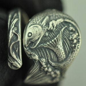 Solid 925 Sterling Silver Large Heavy Twin Fish Adjustable Spoon Ring