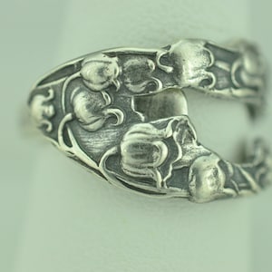 Solid 925 Sterling Silver Lily Of The Valley Floral Flower Adjustable Spoon Ring