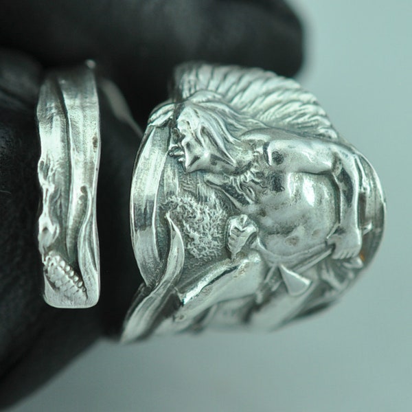 Solid 925 Sterling Silver Native American Chief Warrior Adjustable Spoon Ring