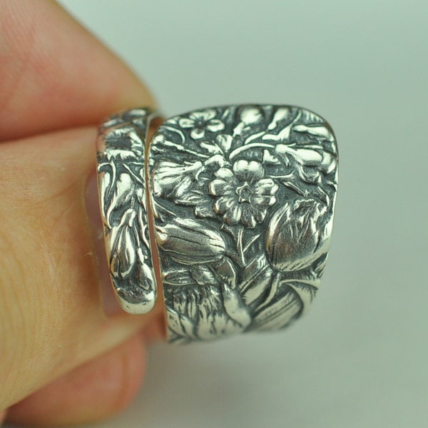 Megical Basket Sterling Silver Victorian Adjustable Spoon Ring - Floral Silverware Ring