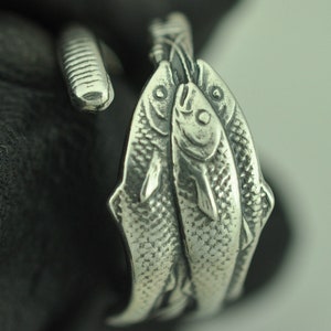 Solid 925 Sterling Silver Triple Fish Adjustable Spoon Ring