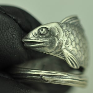 Solid 925 Sterling Silver Large Happy Fish Adjustable Spoon Ring