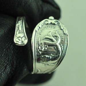 Dainty Solid 925 Sterling Silver Pisces Zodiac Birthday Adjustable Spoon Ring