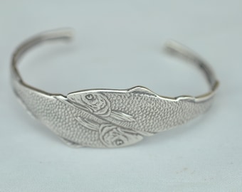 6'' Solid 925 Sterling Silver Two  Fish Cuff Bracellet