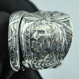 Solid 925 Sterling Silver American Chief Warrior Adjustable Spoon Ring
