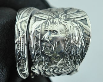 Solid 925 Sterling Silver American Chief Warrior Adjustable Spoon Ring