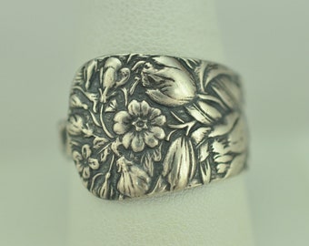 Solid 925 Sterling Silver Large Floral Adjustable Spoon Ring