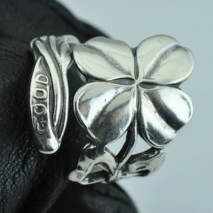 Solid 925 Sterling Silver Four-Leaf-Clover Flower Good Luck Adjustable Spoon Ring