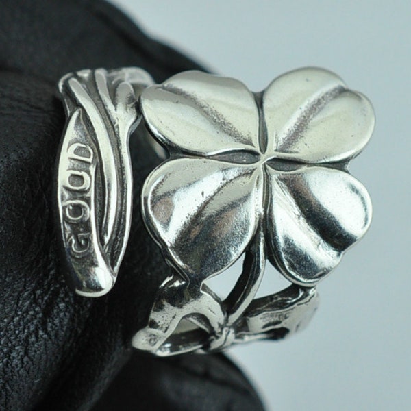 Anillo de cuchara ajustable de plata de ley 925 maciza con trébol de cuatro hojas y flor de buena suerte