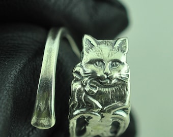 Dainty Solid 925 Sterling Silver My Little Kitty Cat Adjustable Spoon Ring