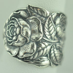 Solid 925 Sterling Silver Rose Flower Floral Adjustable Spoon Ring
