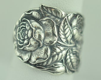 Solid 925 Sterling Silver Rose Flower Floral Adjustable Spoon Ring