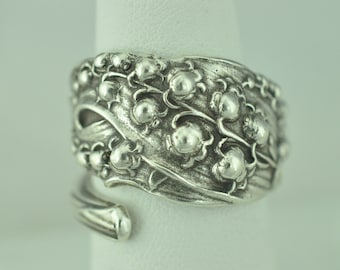 Solid 925 Sterling Silver Lily Of The Valley Flower Floral Adjustable Spoon Ring