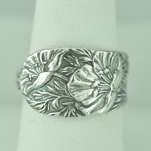 Dainty Solid 925 Sterling Silver Poppy Flower Floral Adjustable Spoon Ring