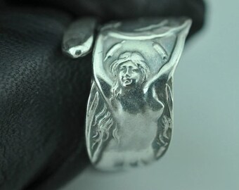 Dainty Solid 925 Sterling Silver Twin-Tailed Mermaid Melusine Adjustable Spoon Ring