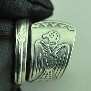 Anello regolabile a cucchiaio in argento sterling 925 massiccio con uccello del tuono americano
