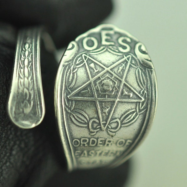 Solid 925 Sterling Silver Freemason Masonic Order of Eastern Star Adjustable Spoon Ring