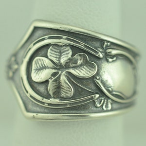 Solid 925 Sterling Silver Four-Leaf Clover Shamrock Wishbone Good luck Adjustable Spoon Ring