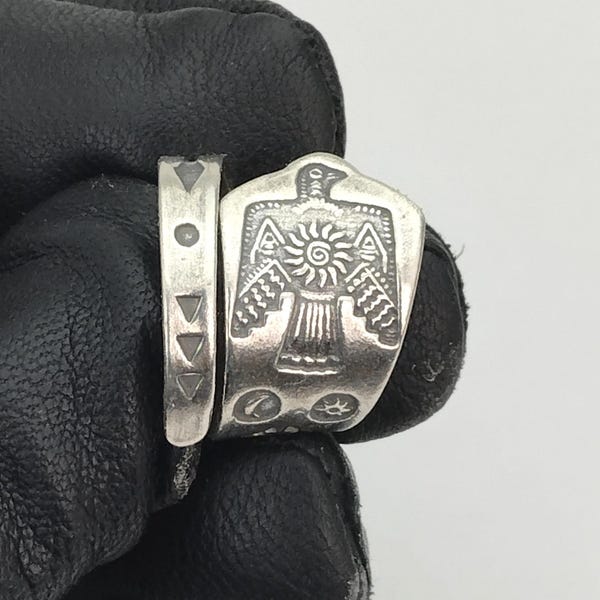 Solid 925 Sterling Silver US Thunder Bird Arrow Adjustable Spoon ring