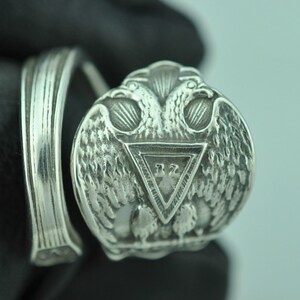 Solid 925 Sterling Freemason Masonic Double Head Eagle Adjustable Spoon Ring