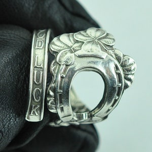 Solid 925 Sterling Silver Four-Leaf-Clover Good Luck Horseshoe Adjustable Spoon Ring