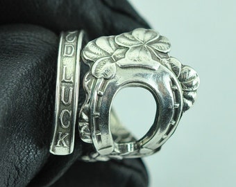 Solid 925 Sterling Silver Four-Leaf-Clover Horseshoe Adjustable Spoon Ring