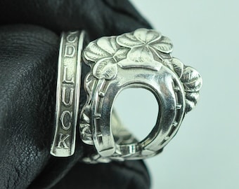 Anello a cucchiaio regolabile a ferro di cavallo con quadrifoglio in argento sterling massiccio 925