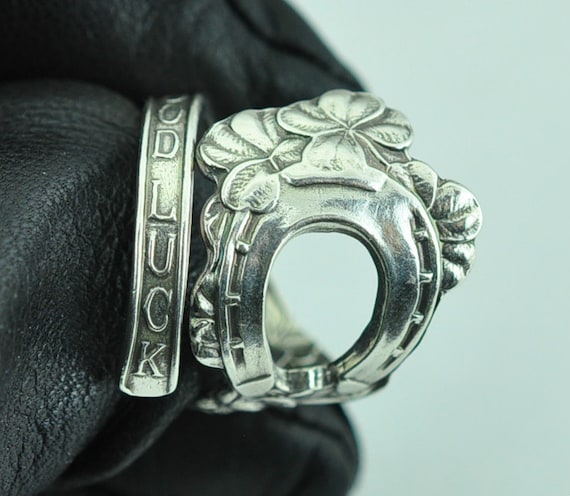 Solid 925 Sterling Silver Four-Leaf-Clover Good Luck Horseshoe Adjustable Spoon Ring