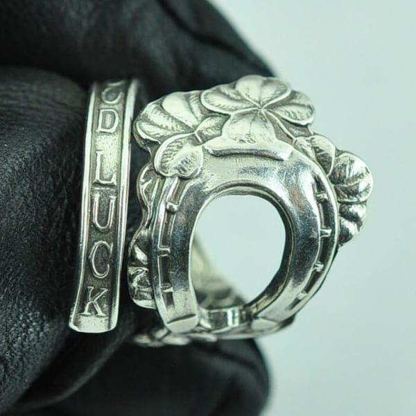 Four-Leaf-Clover Good Luck Horseshoe Adjustable Spoon Ring – Solid 925 Sterling Silver / Fine Silver Plated / Nordic Gold