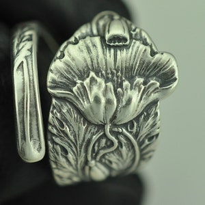 Solid 925 Sterling Silver Large Poppy Flower Floral Adjustable Spoon Ring