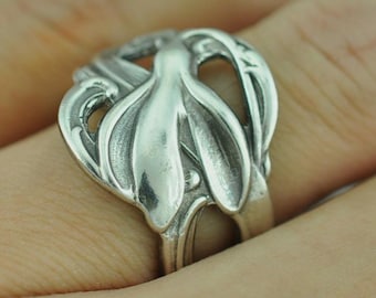 Solid 925 Sterling Silver Snow Drops Lily Flower Spoon ring