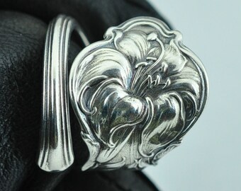 Solid 925 Sterling Silver 3D Lily Flower Floral Adjustable Spoon Ring ...