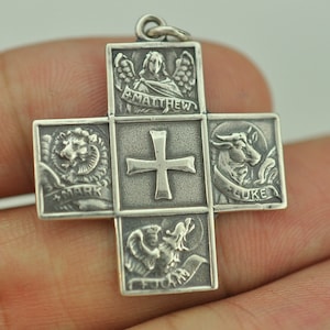 Solid 925 Sterling Silver Matthew Mark Luke John Four Evangelists Cross Amulet Charm/Pendant