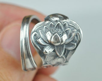 Solid 925 Sterling Silver  Lotus Flower Floral Adjustable Spoon Ring