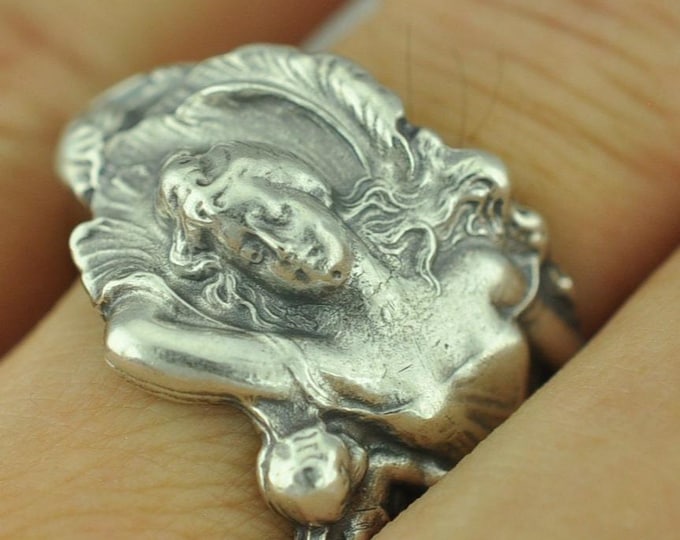 Solid 925 Sterling Silver Goddess Venus Floral Adjustable Spoon Ring - Different Materials Available