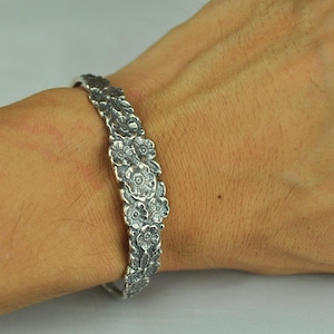 6'' Solid 925 Sterling Silver Forget-Me-Not Flowers Cuff Bracelet