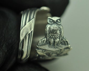 Solid 925 Sterling Silver Owl Scholar Adjustable Spoon Ring