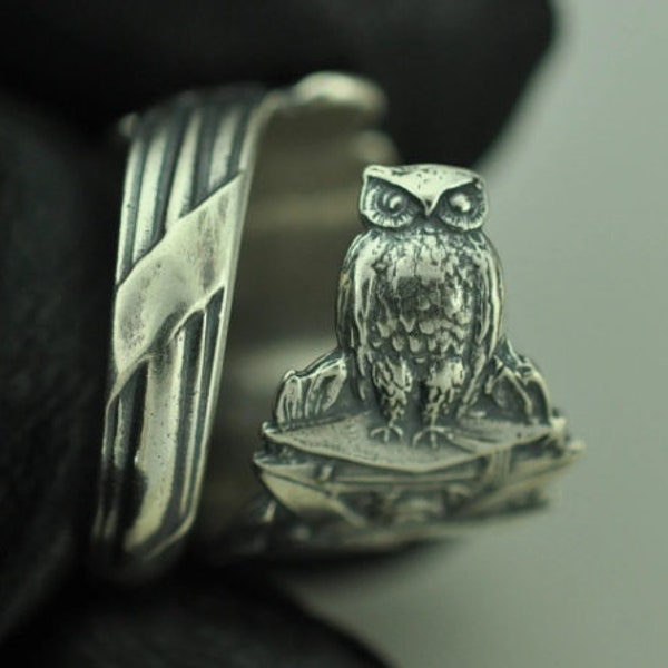 Solid 925 Sterling Silver Owl Scholar Adjustable Spoon Ring