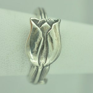 Zierlicher Solid 925 Sterling Silber Blühende Tulpe Blume Floral Verstellbarer Löffel Ring