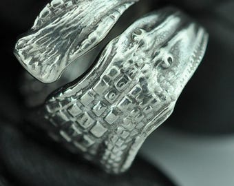 Large Solid 925 Sterling Silver Alligator Adjustable Spoon Ring
