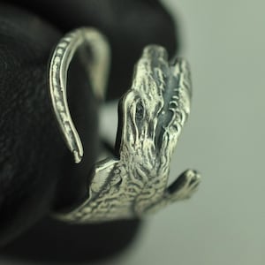 May include: A silver-toned metal ring featuring a detailed, textured crocodile or alligator design that wraps around the finger. The creature's head is clearly visible with defined scales, an open mouth, and a long, curved tail forming the band.