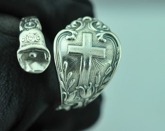 Solid 925 Sterling Silver Cross Bell Flower Floral Adjustable Spoon Ring