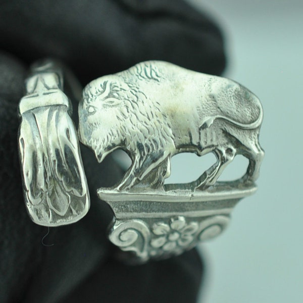 Anillo de cuchara ajustable de bisonte nativo americano pequeño de plata de ley 925 maciza