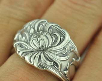 Solid 925 Sterling Silver Chrysanthemum Flower Adjustable Spoon Ring
